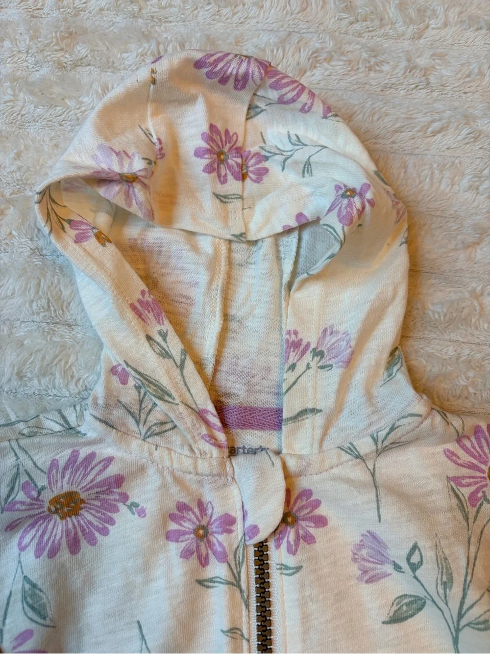 Carter's Cream Hooded Zip Jacket with Purple Floral Print